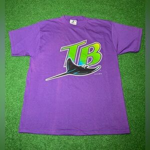 Tampa Bay Rays Logo Athletic Vintage 90s L/XL MLB Baseball T Shirt Purple 22x31